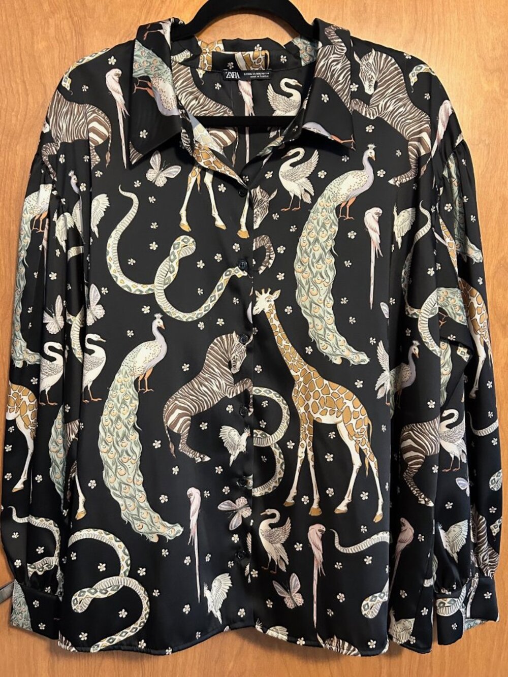 Zara Silky Black Mixed Animal Motif Blouse - Size XXL